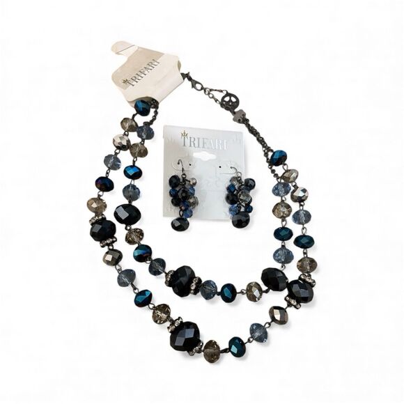 Trifari Jewelry - Trifari NOS Crystal Bead Necklace & Earrings Set - Cool Winter Blue Gray 18"